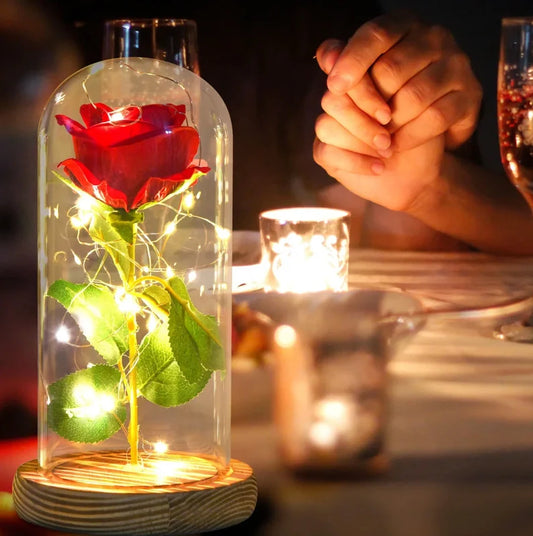 Eternal  Rose in Glass Dome with LED Lights – Romantic Gift & Decor with Wooden Base