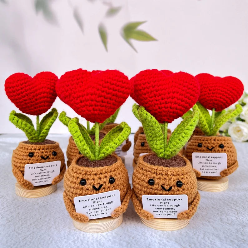 3pcs Handmade Crochet Simulated Plant Decoration – Red Heart Plant, Pink Heart Plant, Sunflower Plant