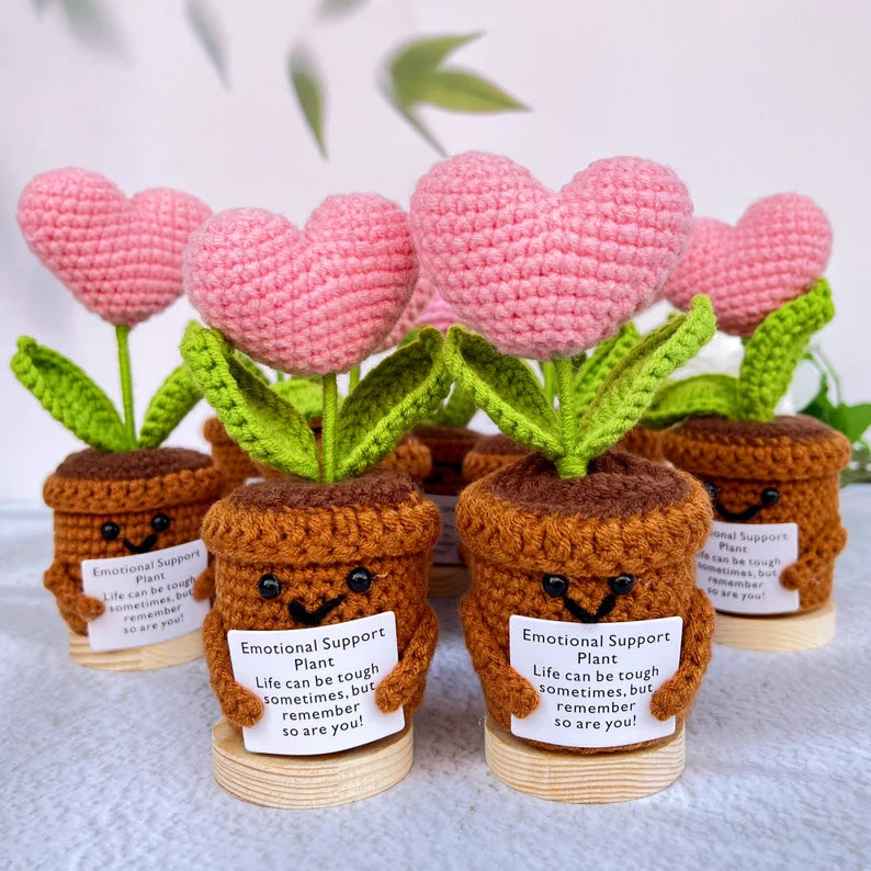 3pcs Handmade Crochet Simulated Plant Decoration – Red Heart Plant, Pink Heart Plant, Sunflower Plant