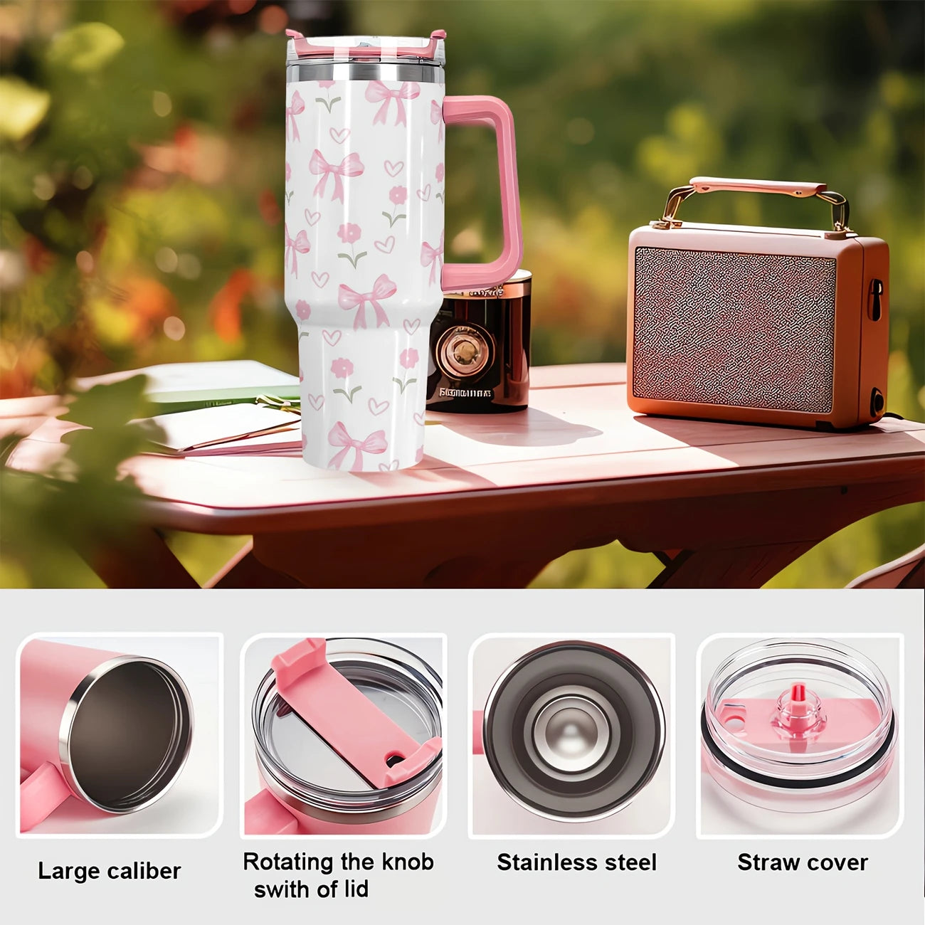 Pink Bow 40oz Stainless Steel Tumbler with Straw – Insulated & Leakproof Travel Mug