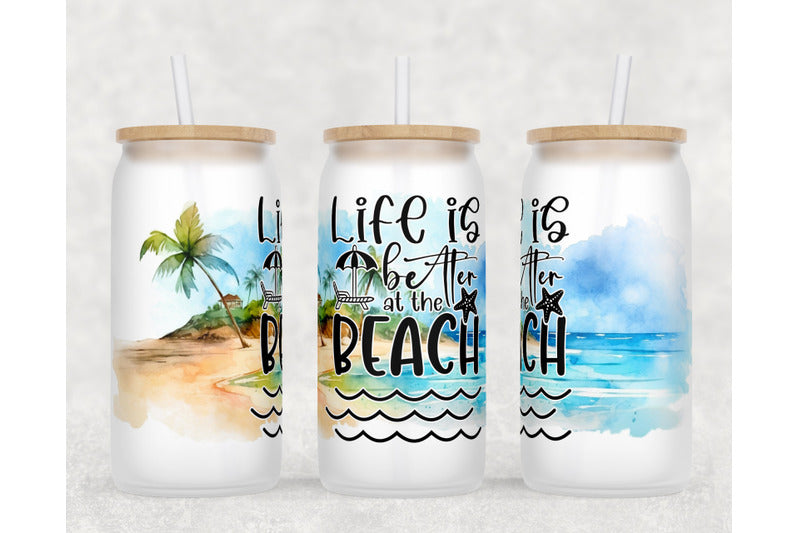 Beach Theme Glass Cup – 16oz / 473ml Glass Tumbler with Bamboo Lid & Straw - Clear or Frosted