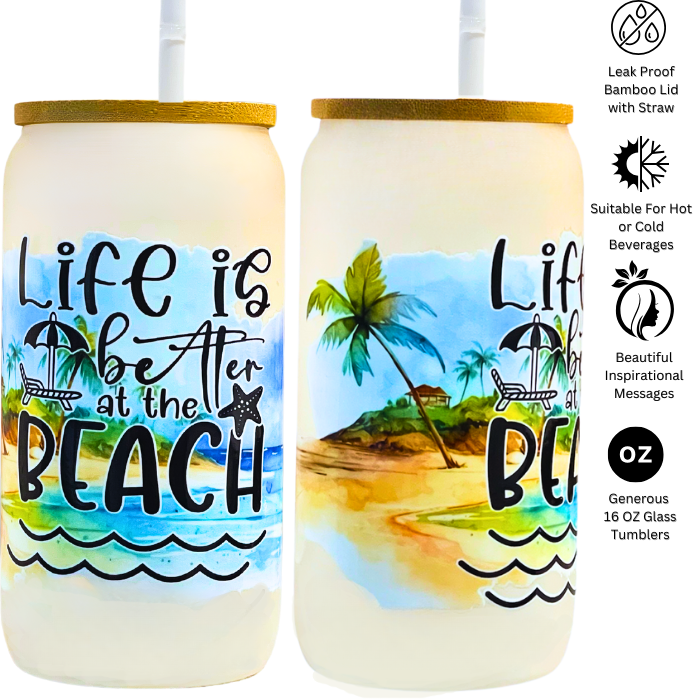 Beach Theme Glass Cup – 16oz / 473ml Glass Tumbler with Bamboo Lid & Straw - Clear or Frosted