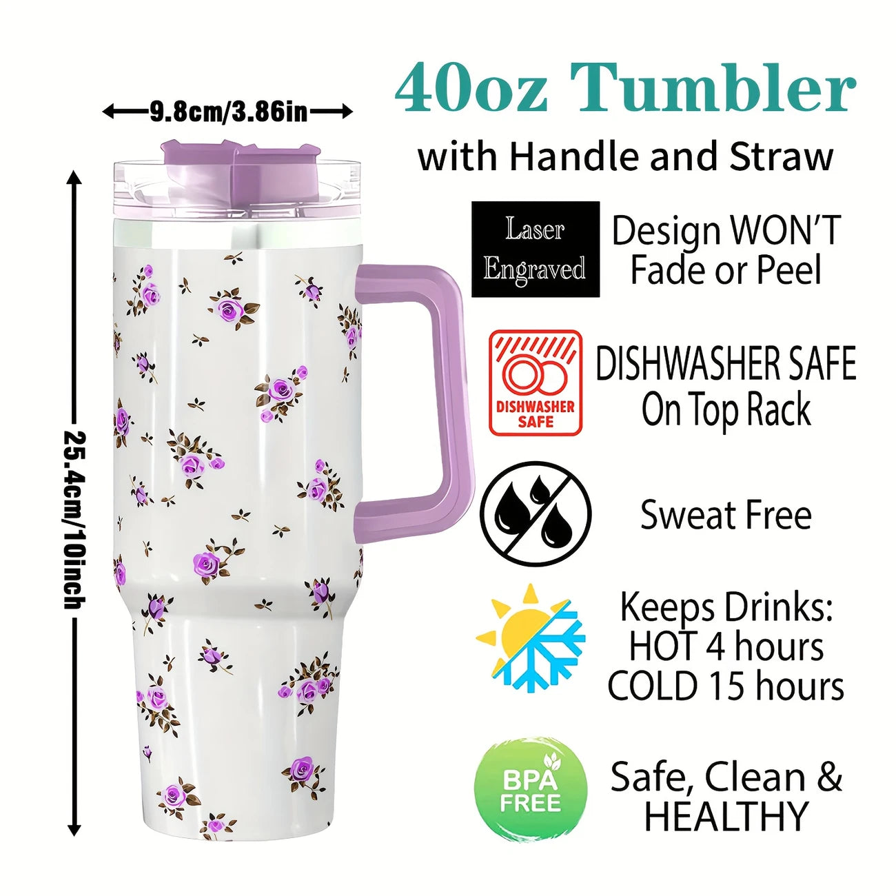Purple Flower 40oz Stainless Steel Tumbler with Straw – Insulated & Leakproof Travel Mug