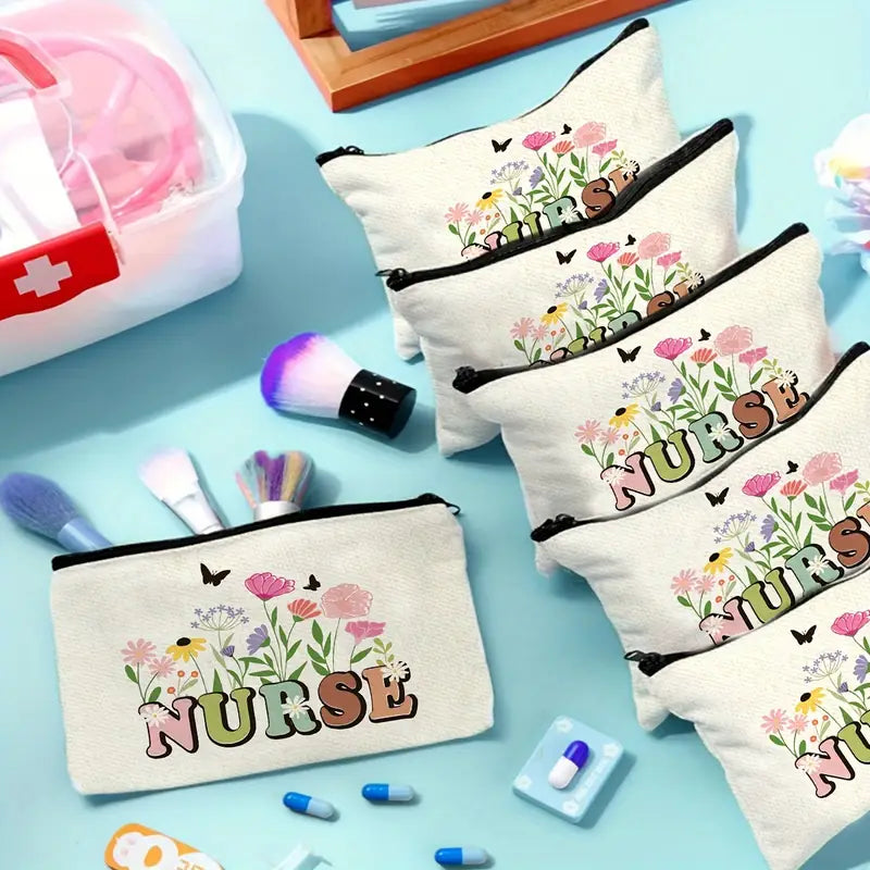 Floral Butterfly Nurse Canvas Pouch - Hand-Washable Zippered Bag for Medical Essentials and Travel