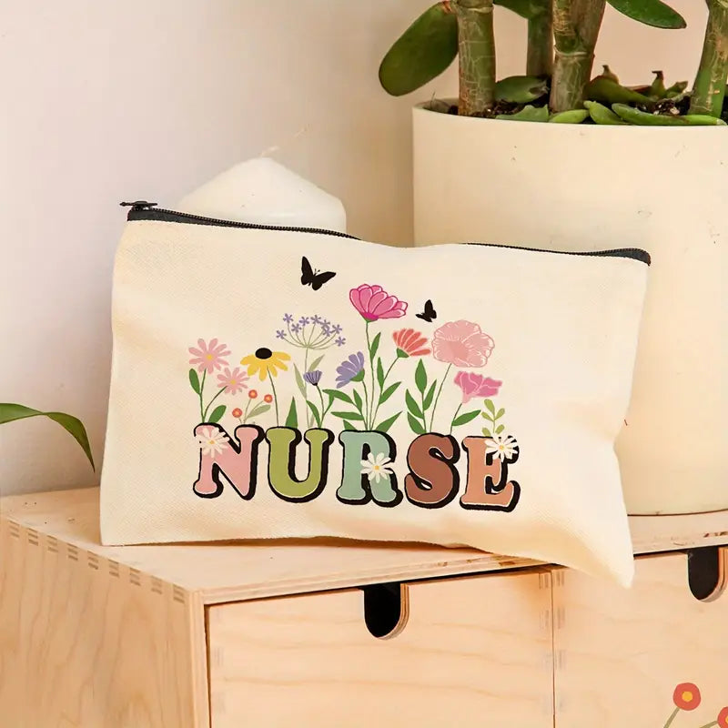 Floral Butterfly Nurse Canvas Pouch - Hand-Washable Zippered Bag for Medical Essentials and Travel