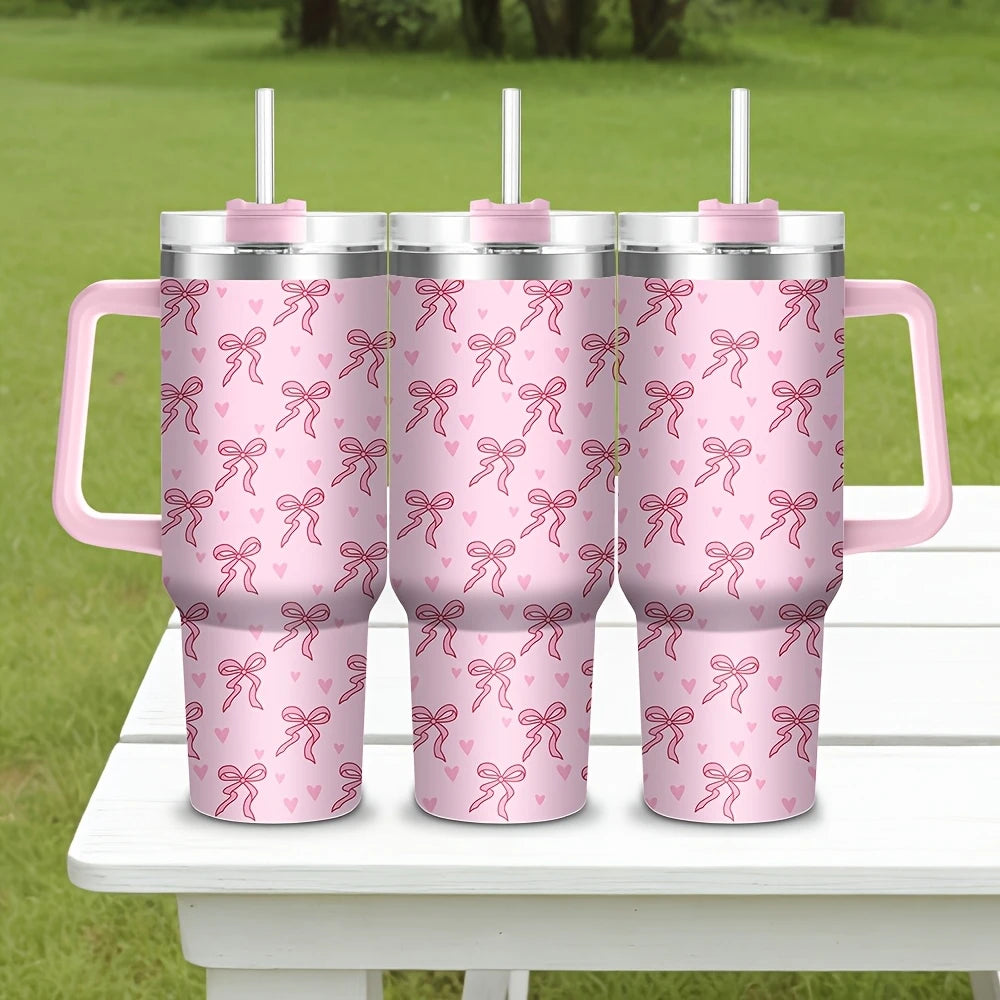 Pink Bow 40oz Stainless Steel Tumbler with Straw – Insulated & Leakproof Travel Mug
