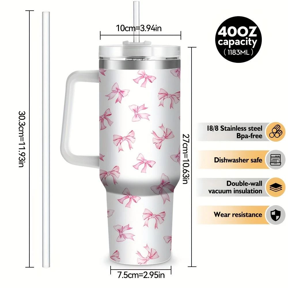 Pink Bow 40oz Stainless Steel Tumbler with Straw – Insulated & Leakproof Travel Mug