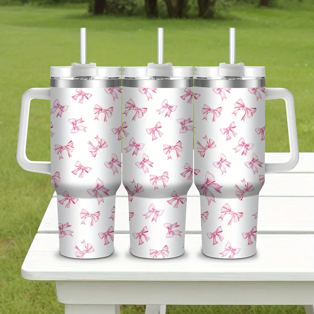 Pink Bow 40oz Stainless Steel Tumbler with Straw – Insulated & Leakproof Travel Mug