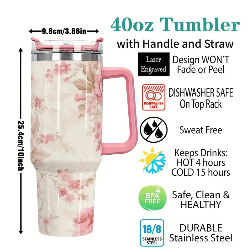 Pink Rose 40oz Stainless Steel Tumbler with Straw – Insulated & Leakproof Travel Mug