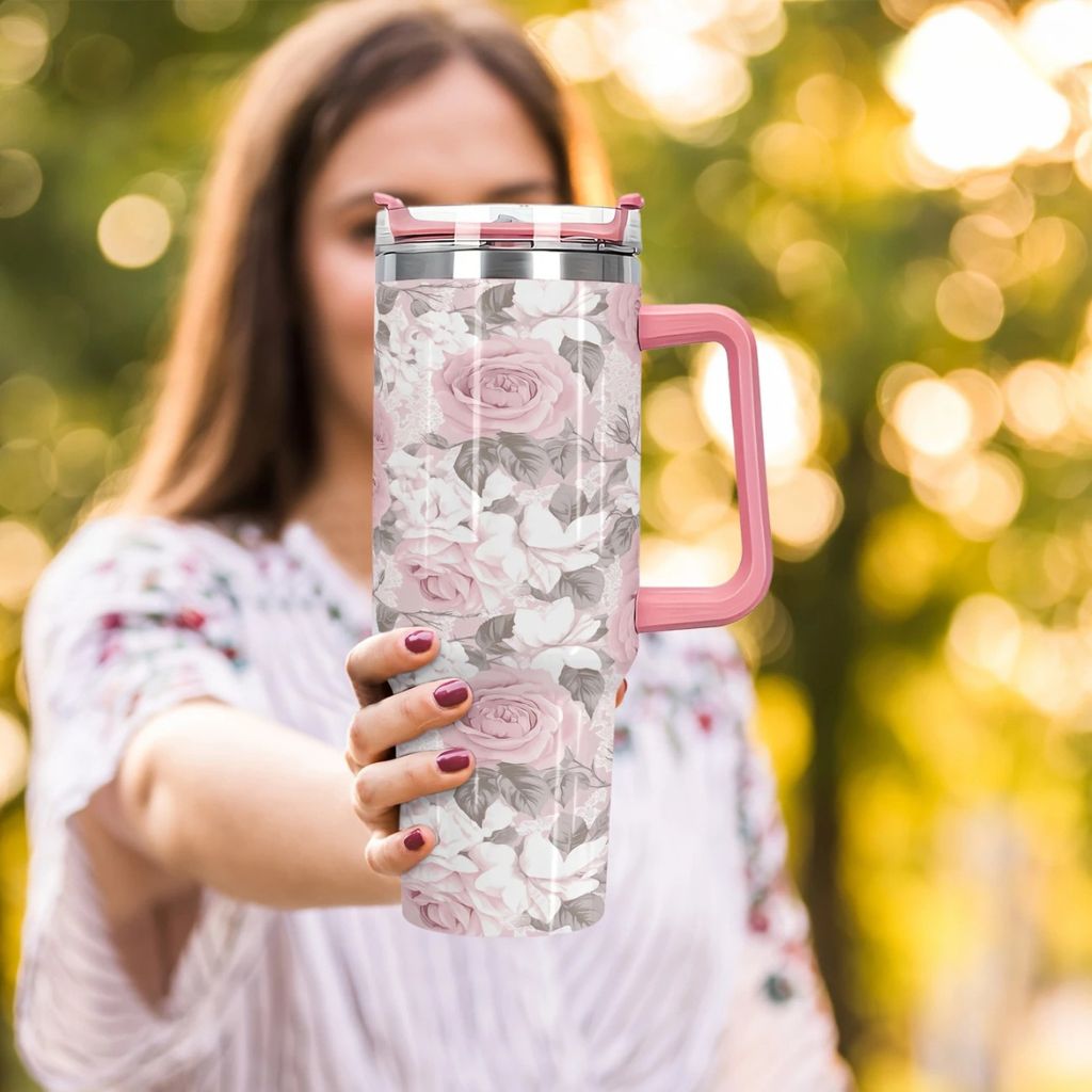 Pink Rose 40oz Stainless Steel Tumbler with Straw – Insulated & Leakproof Travel Mug