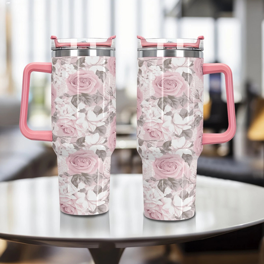 Pink Rose 40oz Stainless Steel Tumbler with Straw – Insulated & Leakproof Travel Mug