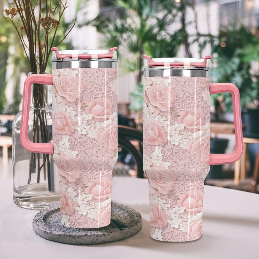 Pink Rose 40oz Stainless Steel Tumbler with Straw – Insulated & Leakproof Travel Mug