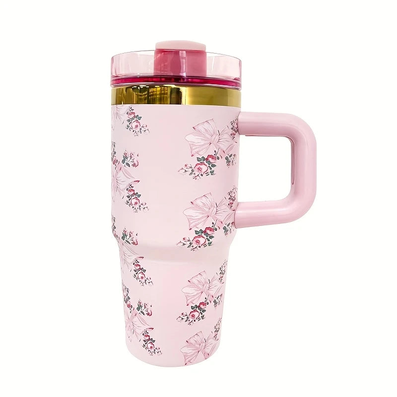 14oz Pink Bow Stainless Steel Insulated Tumbler with Straw – Leakproof & BPA-Free