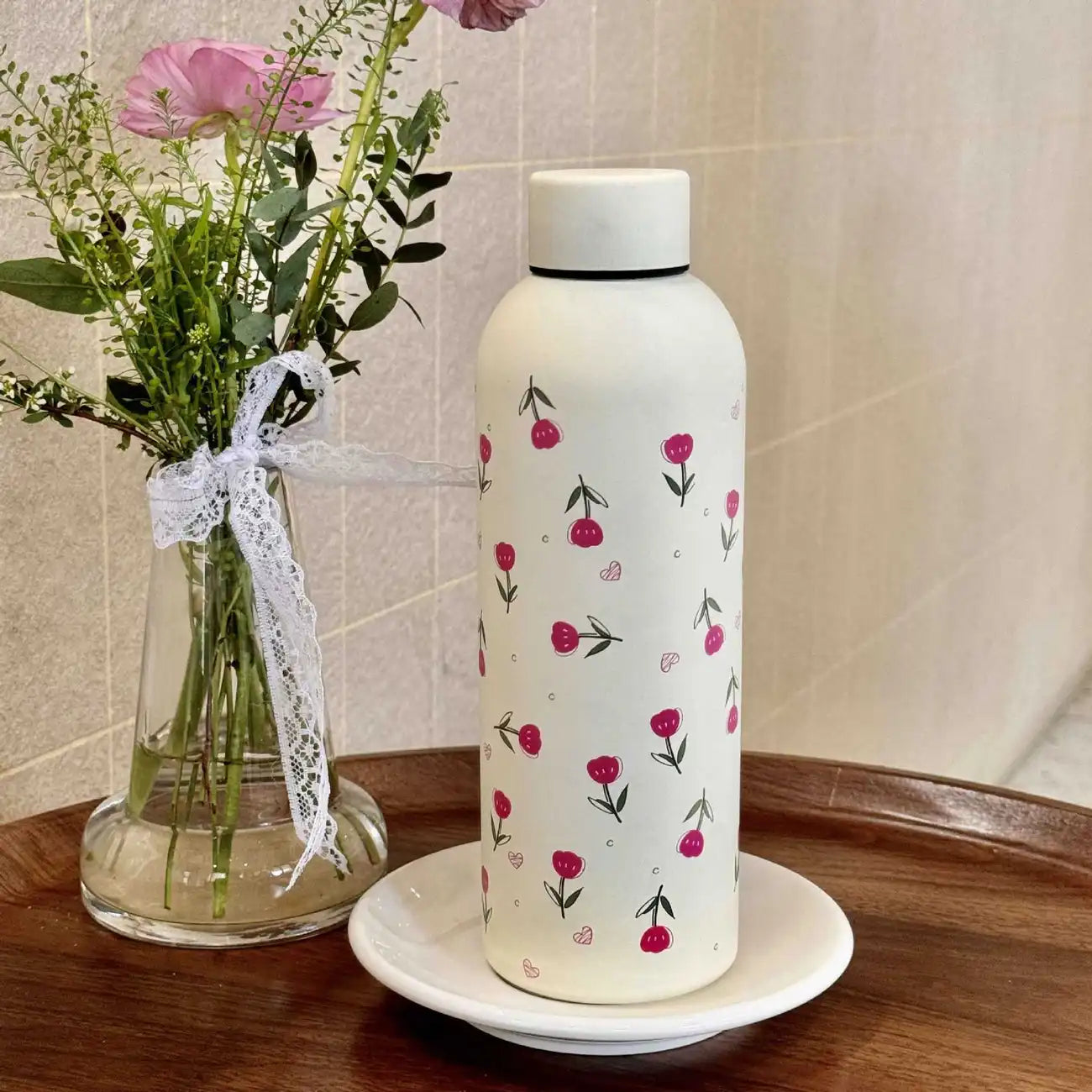 Pink Tulip Stainless Steel Water Bottle with Leak-Proof Lid – 17oz (500ml) Insulated & Reusable