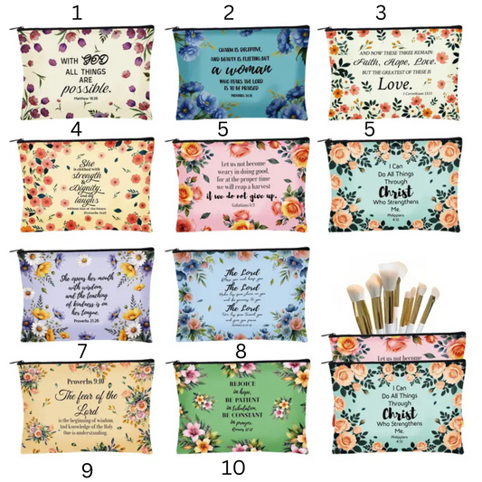 Inspirational Floral Makeup Pouch - Hand-Washable Zippered Bag for Cosmetics, Toiletries, and Travel Essentials