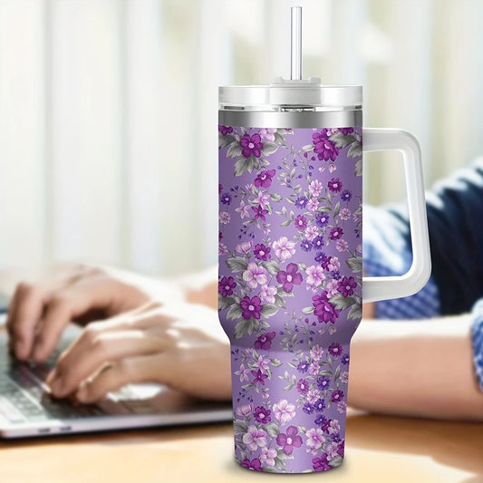 Purple Floral 40oz Stainless Steel Tumbler with Straw – Insulated & Leakproof Travel Mug