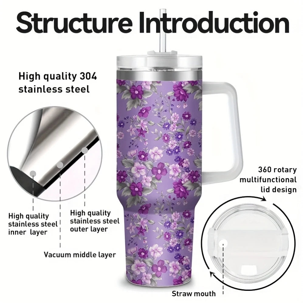 Purple Floral 40oz Stainless Steel Tumbler with Straw – Insulated & Leakproof Travel Mug