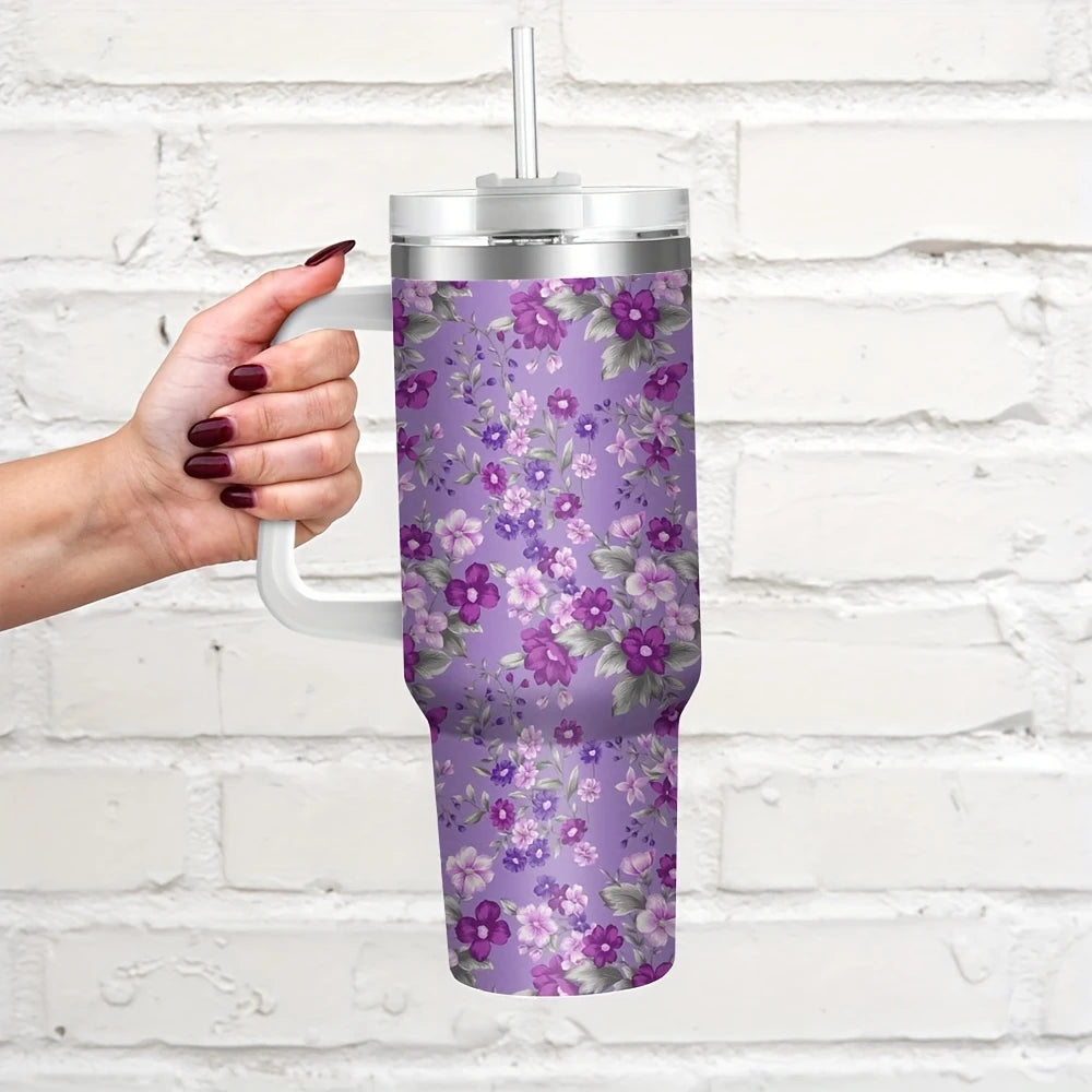 Purple Floral 40oz Stainless Steel Tumbler with Straw – Insulated & Leakproof Travel Mug