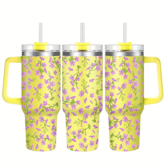 Purple Floral 40oz Stainless Steel Tumbler with Straw – Insulated & Leakproof Travel Mug