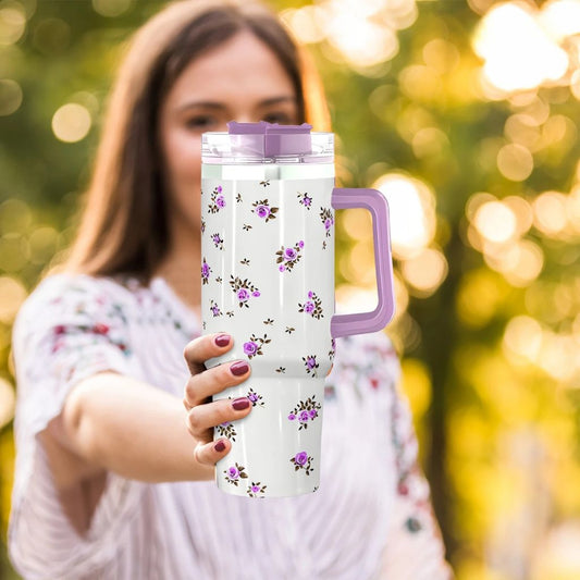 Purple Flower 40oz Stainless Steel Tumbler with Straw – Insulated & Leakproof Travel Mug