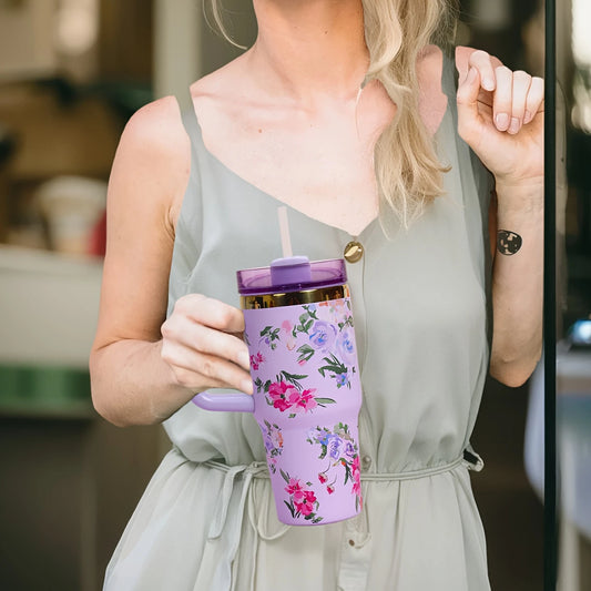 Vaso térmico de acero inoxidable con diseño floral morado de 14 oz y pajita: a prueba de fugas y sin BPA.
