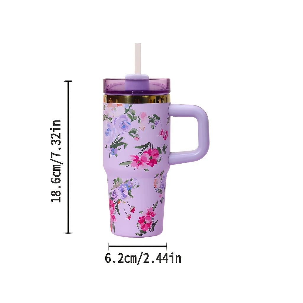 14oz Purple Floral Stainless Steel Insulated Tumbler with Straw – Leakproof & BPA-Free