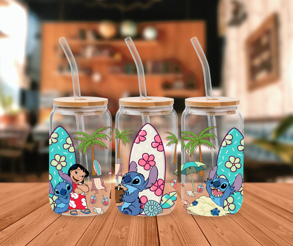 Stitch Surf Glass Cup – 16oz / 473ml Glass Tumbler with Bamboo Lid & Straw - Clear or Frosted