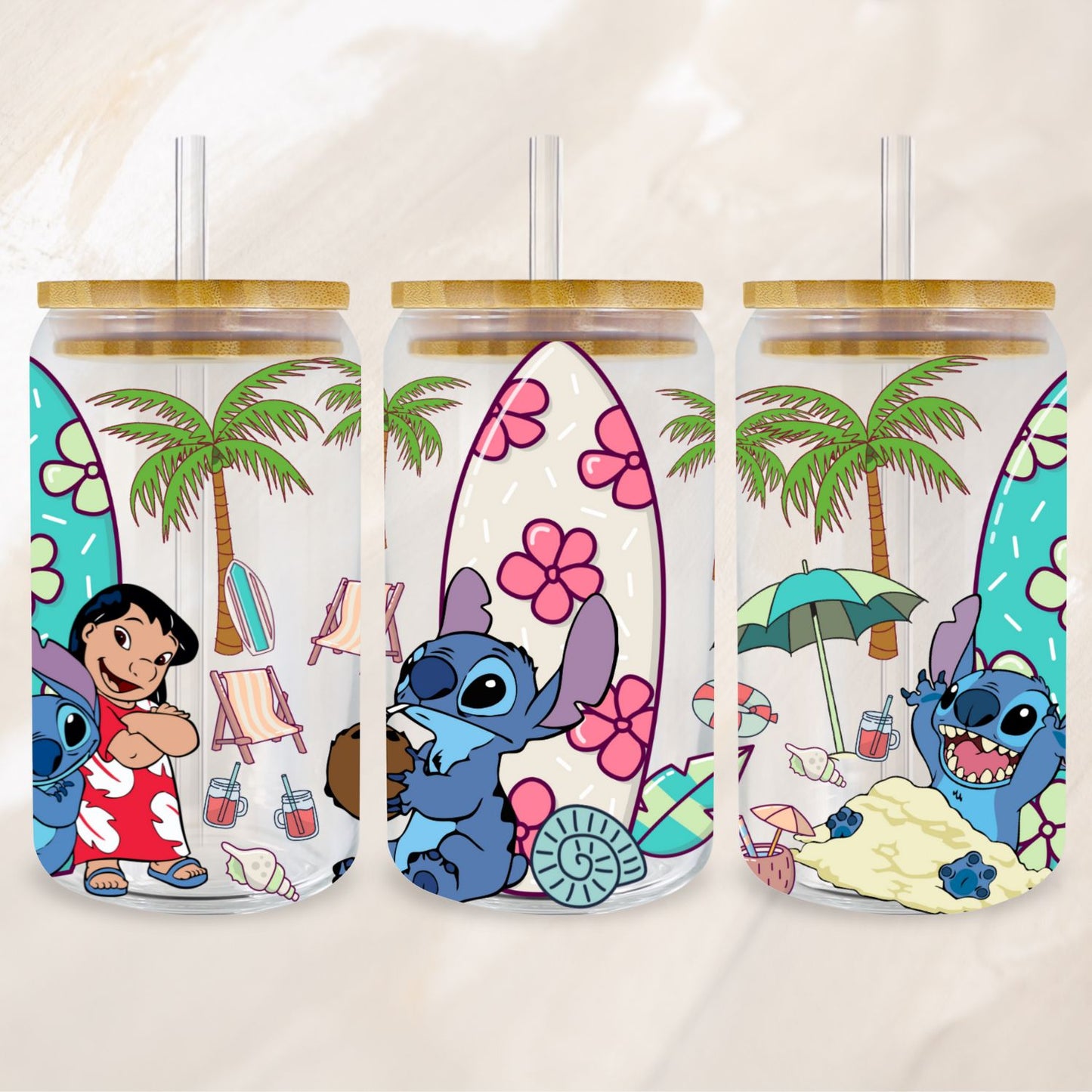 Stitch Surf Glass Cup – 16oz / 473ml Glass Tumbler with Bamboo Lid & Straw - Clear or Frosted