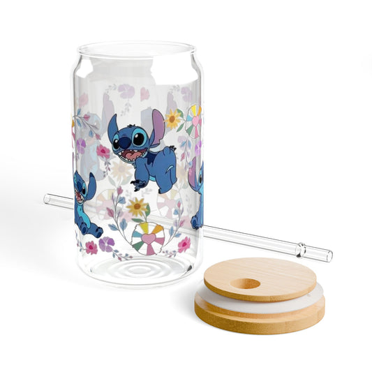 Gobelet en verre Disney Stitch n° 2 – 473 ml avec couvercle en bambou et paille – Transparent ou givré