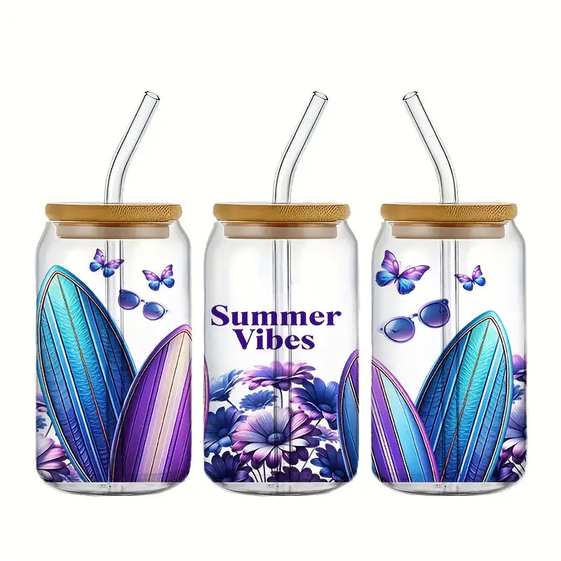 Summer Vibes Glass Cup #2 – 16oz / 473ml Glass Tumbler with Bamboo Lid & Straw - Clear or Frosted