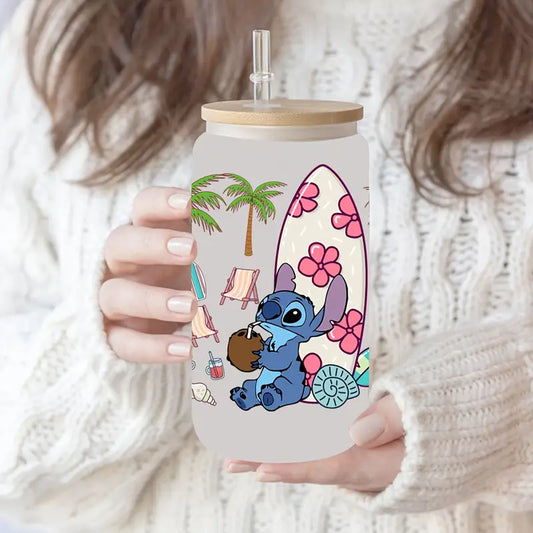 Stitch Surf Glass Cup – 16oz / 473ml Glass Tumbler with Bamboo Lid & Straw - Clear or Frosted