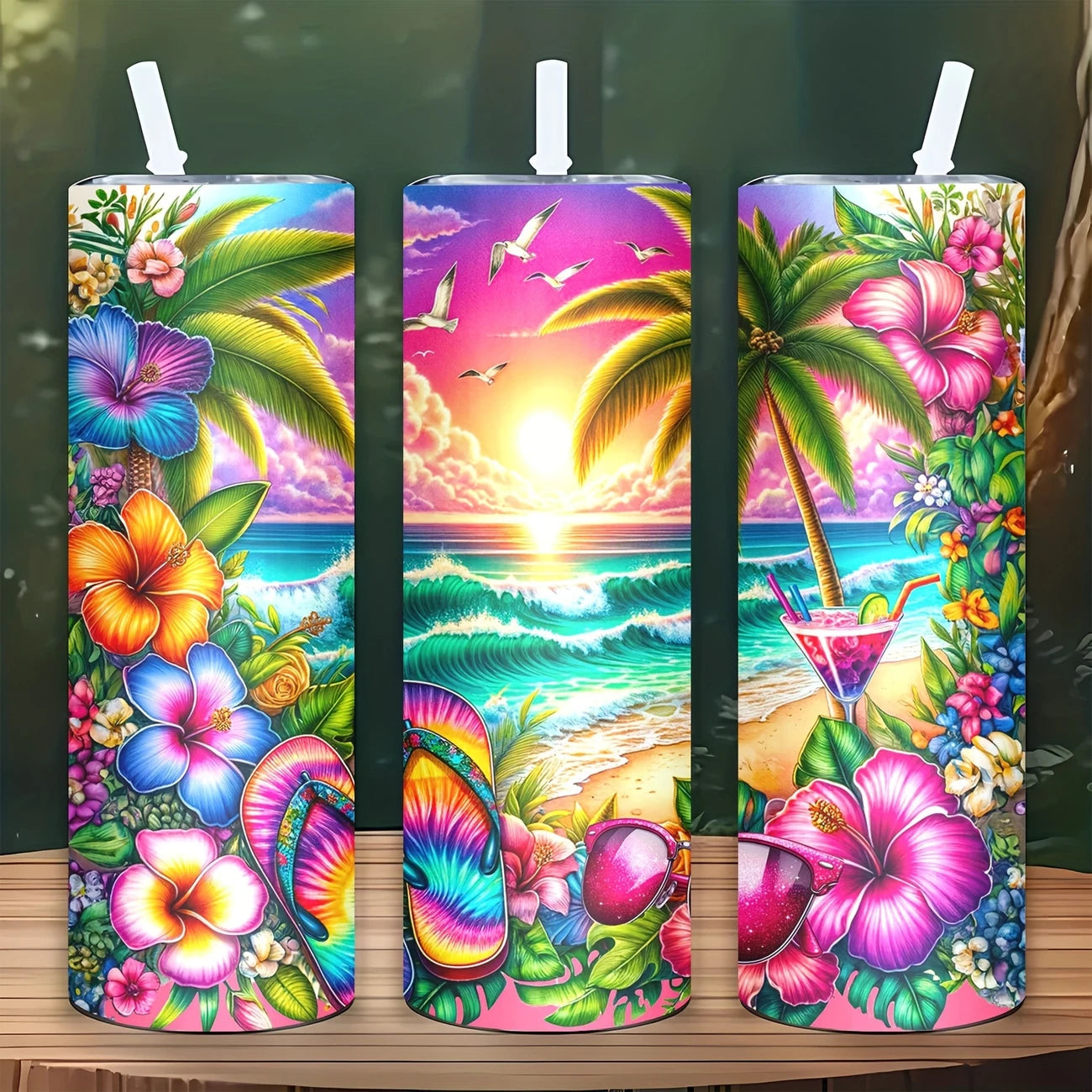 Tropical Skinny Tumbler – 20oz Insulated Stainless Steel with Lid & Straw