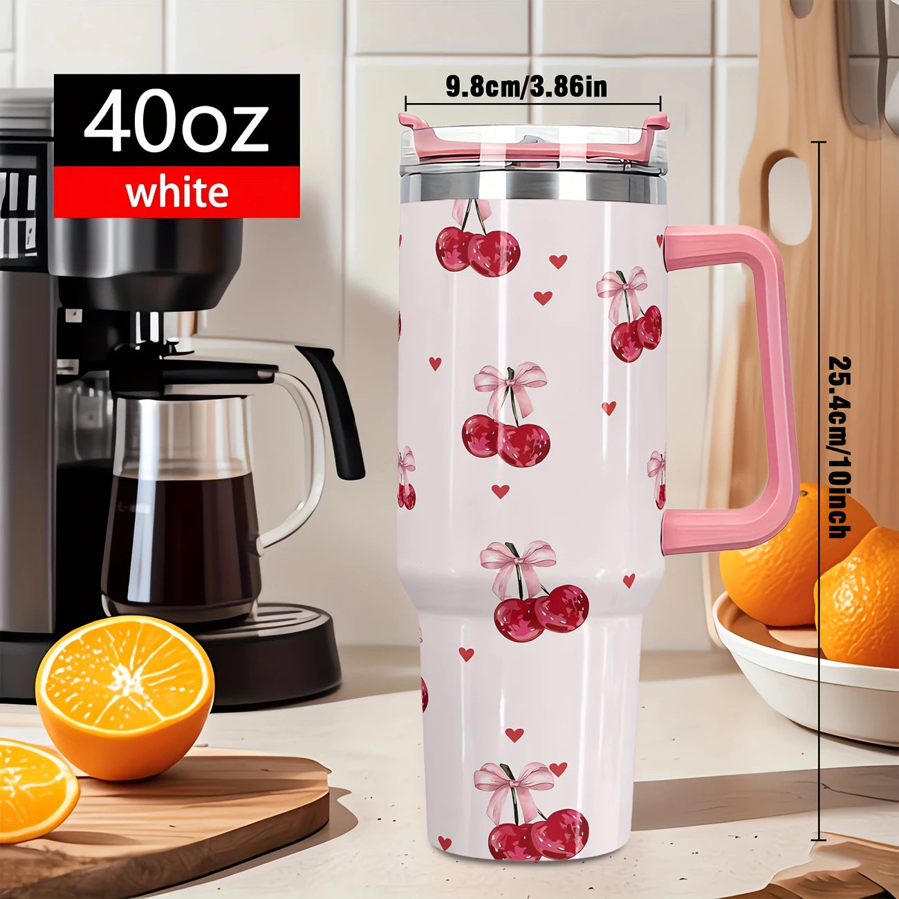 Cherry Pink 40oz Stainless Steel Tumbler with Sraw – Insulated & Leakproof Travel Mug