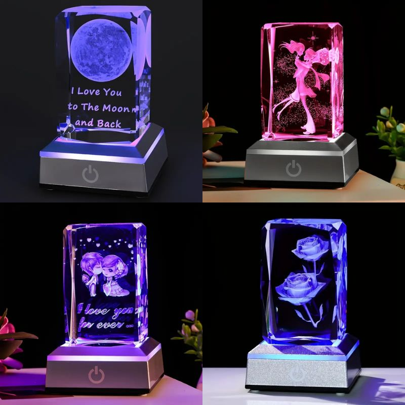 Crystal Glow Nightlights Collection – featuring the 3D Rose Crystal Ball and 3D Moon Crystal Multicolor Nightlight. These elegant lamps blend intricate crystal designs with vibrant LED lighting, creating a magical and colorful ambiance.