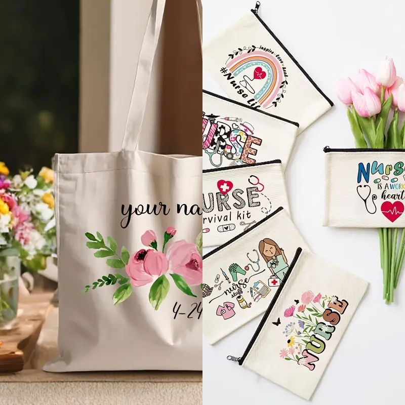 Custom Tote Bag and Pouch Collection – personalize with text, images, or photos. Available in canvas and polyester, pair your tote with a matching pouch or select from modern designs for a stylish, ready-to-use option that reflects your unique style.