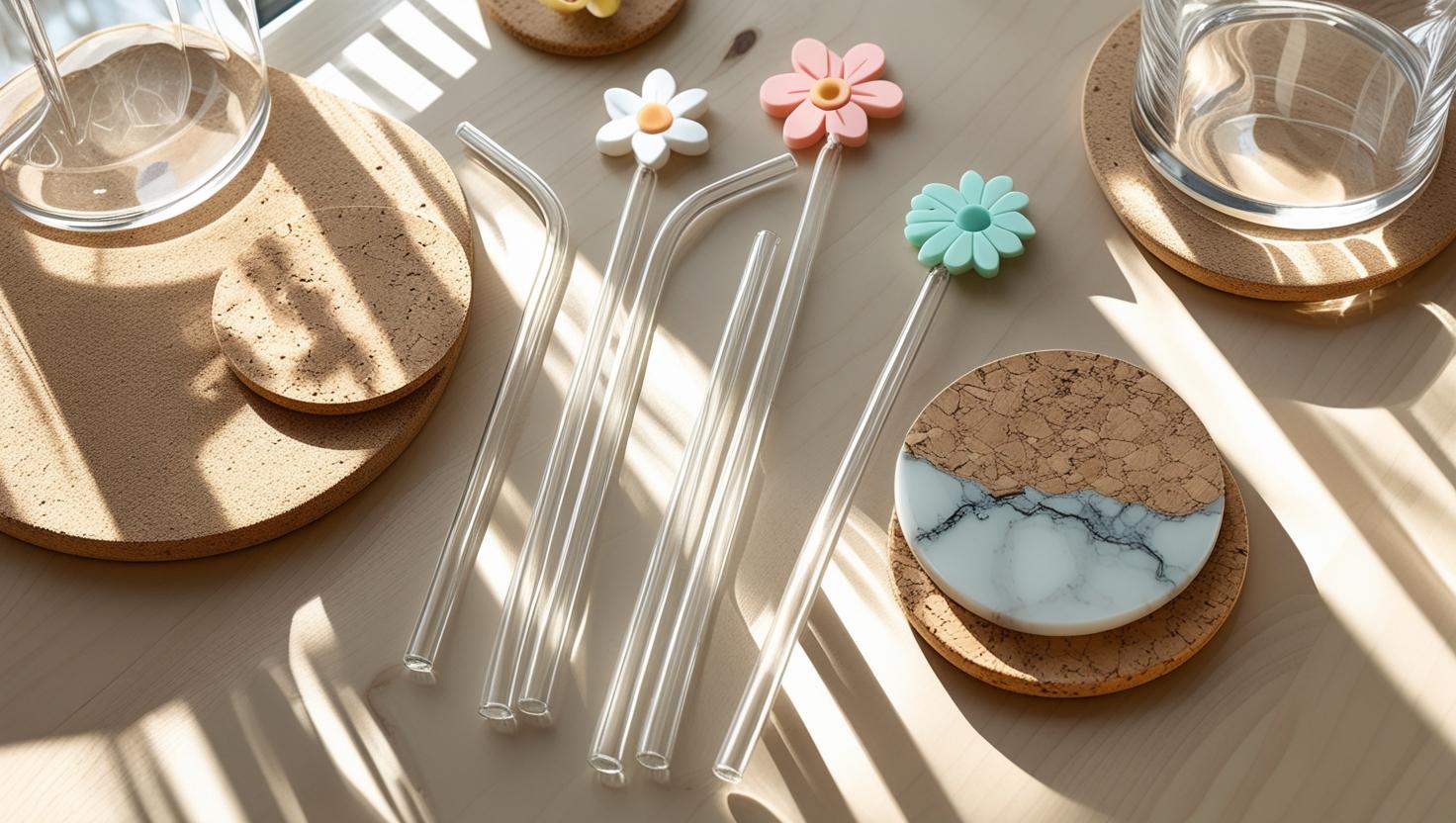 Drinkware accessories, glass straws, coasters, straw toppers and more