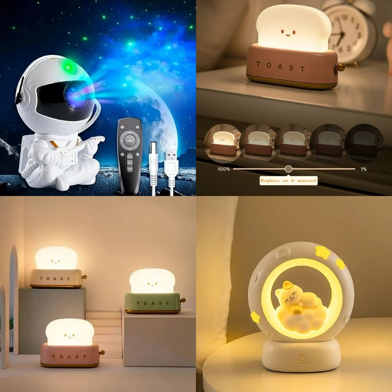 Cosmic Glow Collection – featuring the Cat Moon LED Lamp, Toaster-Shaped Night Light, and Astronaut Galaxy Projector. These unique lights add charm and warmth, creating a cozy and magical ambiance in any room.