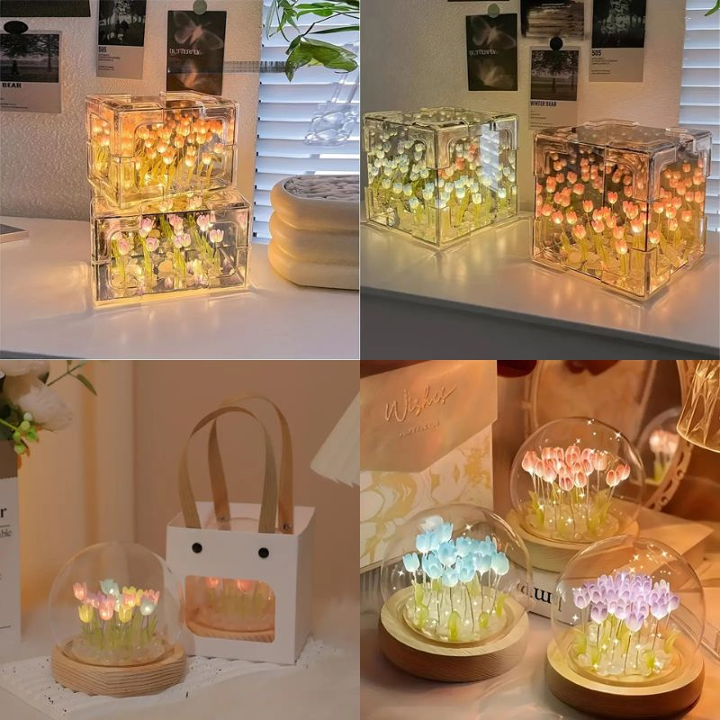 Floral Elegance Night Lights Collection – featuring Assembled Tulip Mirror Night Lights in Rectangular and Cube designs, and a romantic Floral LED Desk Lamp Dome. Perfect for adding soft, ambient lighting with a modern floral touch.