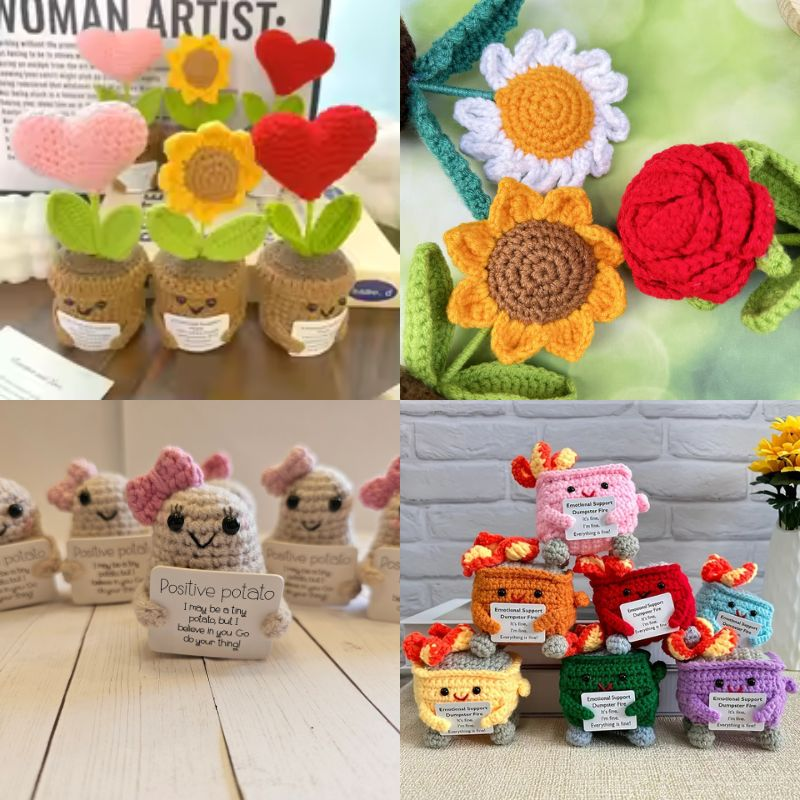 Hand-Crocheted Emotional Support Figurines Collection – featuring unique handcrafted pieces like plants, a quirky dumpster fire, and a lovable duck doll. Add whimsy, warmth, and positivity to your space or gift someone special.