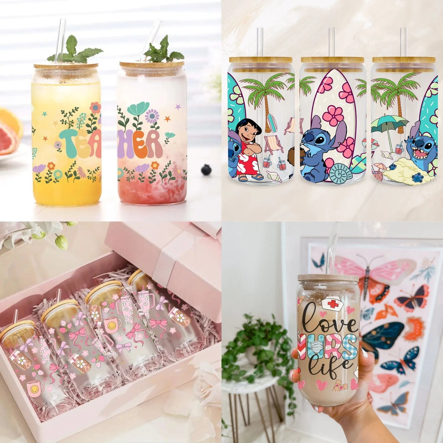 Glass cup collection featuring 16oz tumblers in clear and frosted styles with bamboo lids and glass straws. Includes themes like love, summer, beach, and florals, perfect for drinks, gifting, or everyday use.