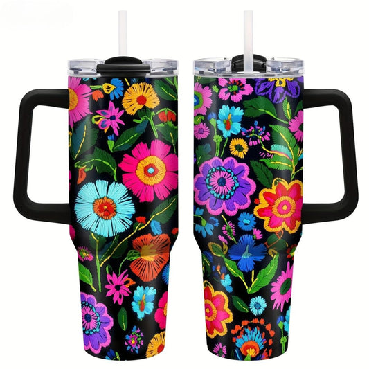 Vibrant Floral 40oz Stainless Steel Tumbler with Straw – Insulated & Leakproof Travel Mug