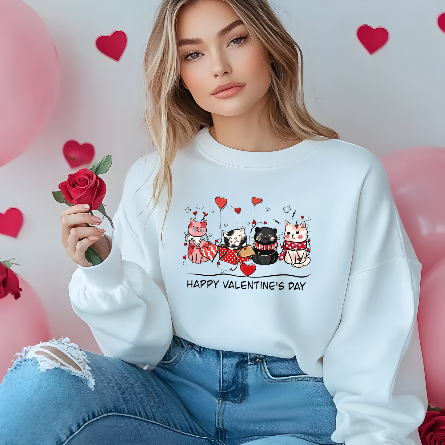 Crewneck unisexe « Happy Valentine's Day Cute Cats » – Cadeau adorable pour les amoureux des chats et la Saint-Valentin