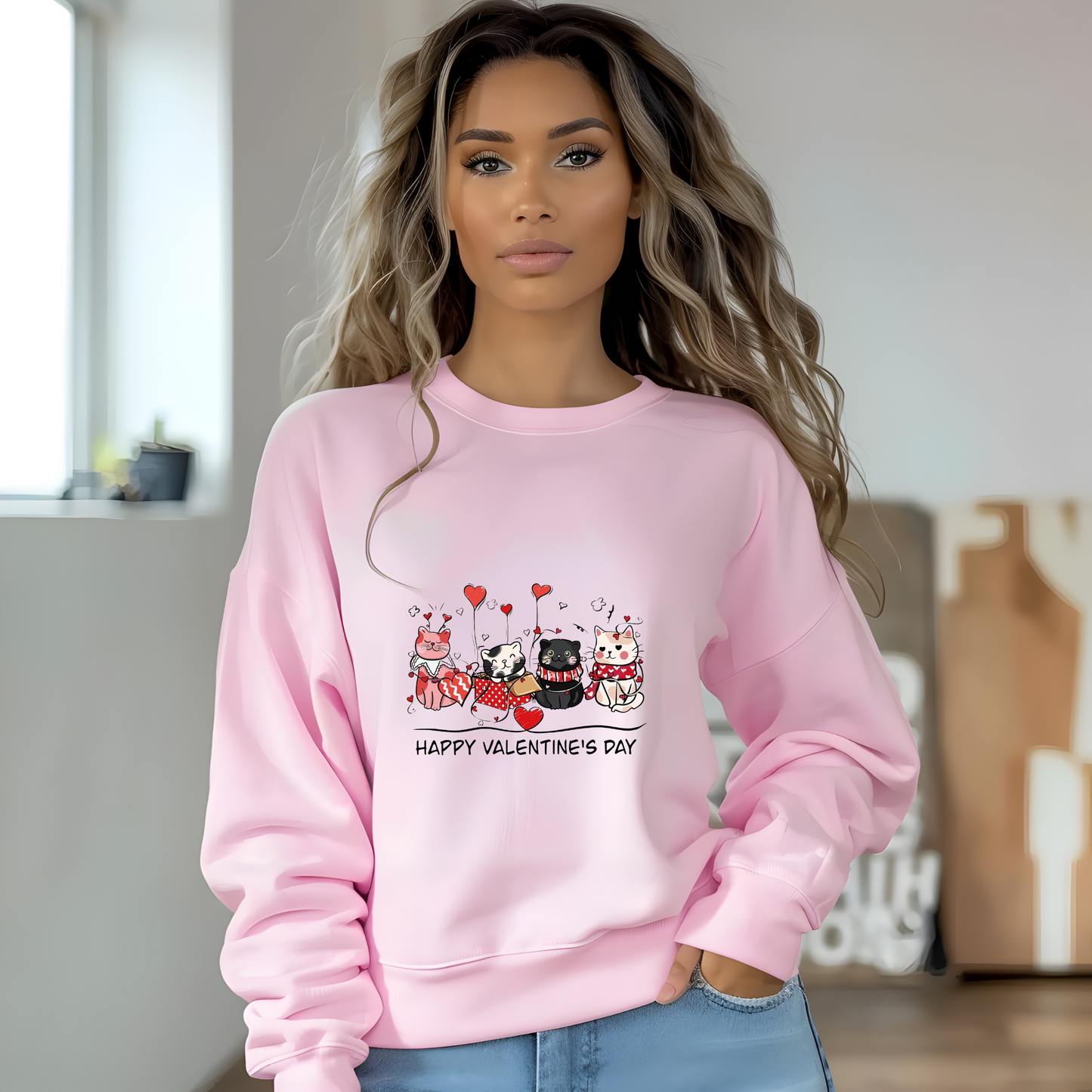 Crewneck unisexe « Happy Valentine's Day Cute Cats » – Cadeau adorable pour les amoureux des chats et la Saint-Valentin