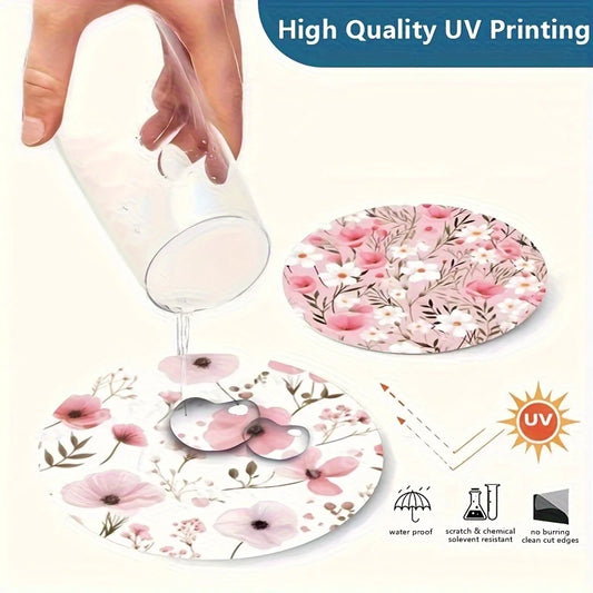 Pink Floral Acrylic Coasters – 4-Inch Spring Garden Design with Flowers & Butterflies