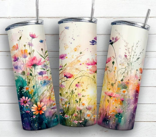 Boho Floral Skinny Tumbler – Insulated 20oz with Metal Straw & Brush
