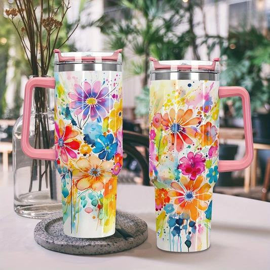 Floral Watercolor 40oz Stainless Steel Tumbler with Straw – Insulated & Leakproof Travel Mug