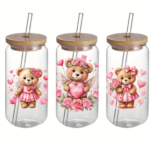 Teddy Bear Love Glass Cup – 16oz / 473ml Glass Tumbler with Bamboo Lid & Straw - Clear or Frosted