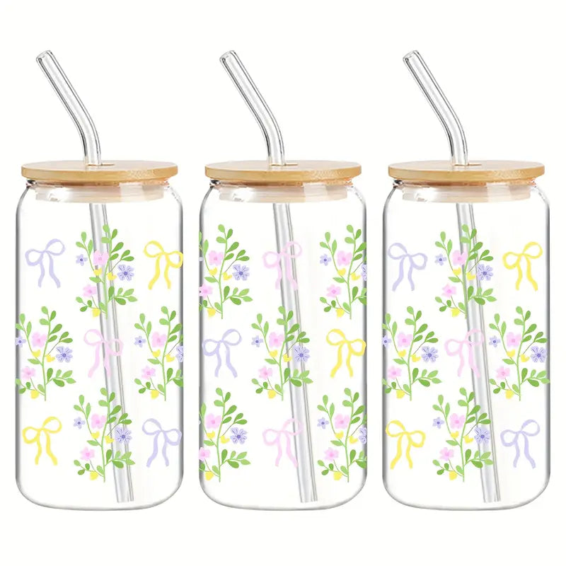 Multicolor Bow Glass Cup | 16oz / 473ml Glass Tumbler with Bamboo Lid & Straw - Clear or Frosted