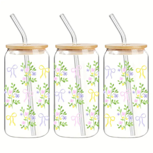 Multicolor Bow Glass Cup | 16oz / 473ml Glass Tumbler with Bamboo Lid & Straw - Clear or Frosted