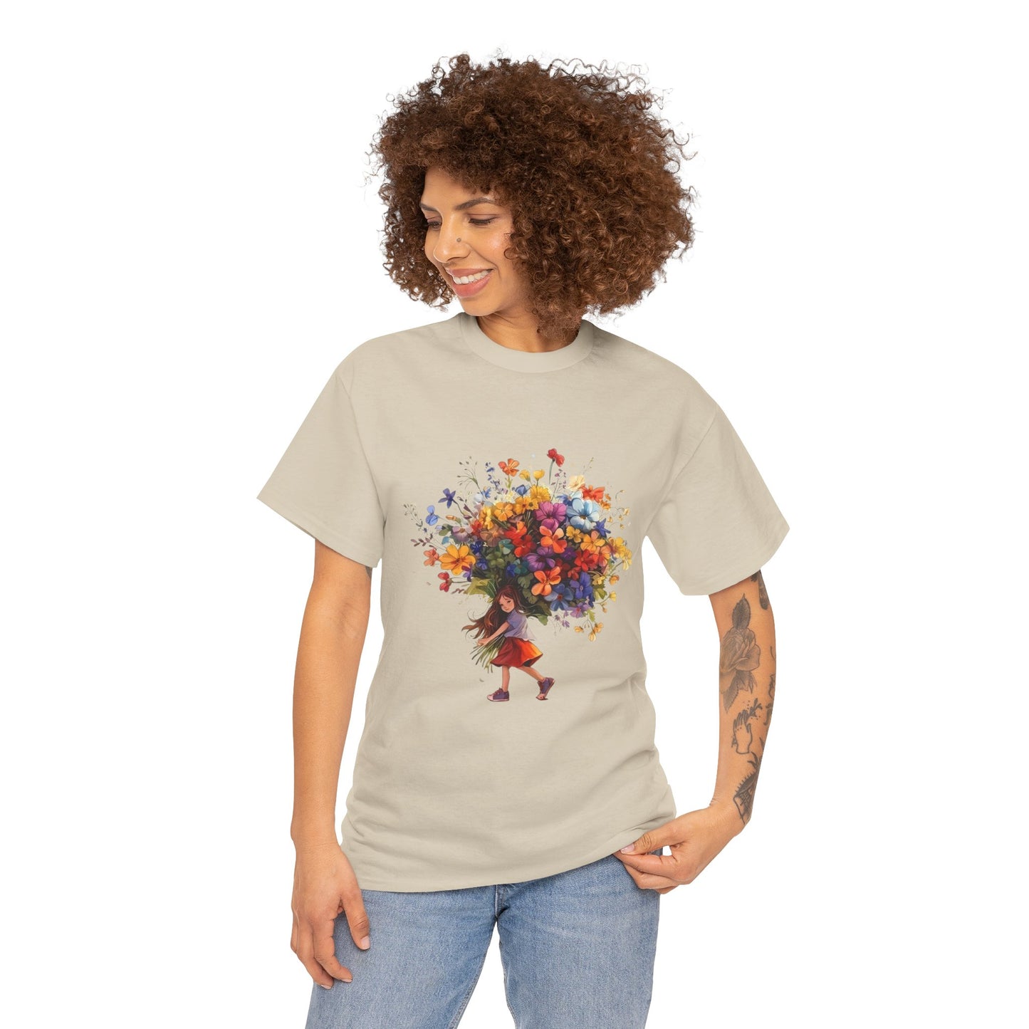 Girl with Flower Bouquet T-Shirt – Soft, Dreamy & Full of Blooming Charm